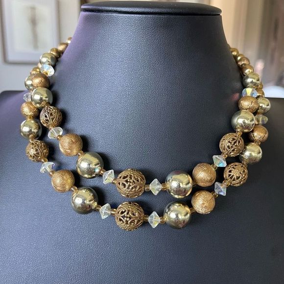 Signed Lisner Vtg Double Strand Gold Tone Open Work Filigree AB Beaded Necklace - Picture 1 of 9